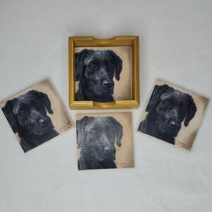 Black Lab Dog Coasters Wooden Holder Set of 5 Labrador Absorbent Stone Coasters